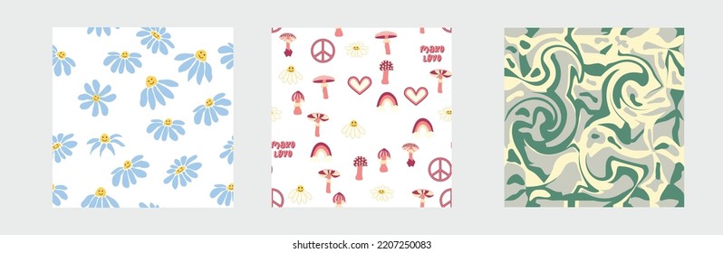 1970s Set of retro seamless pattern. Floral, swirl, mushrooms, peace symbol, camomile, smile. Groovy design in the style of the seventies.