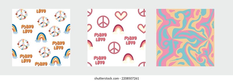 1970s Set of retro seamless pattern. Floral, swirl, mushrooms, peace symbol, camomile, smile. Groovy design in the style of the seventies.