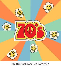 1970s. Seventies background with rainbow colored spirals. Poster, cover template, vintage color backgrounds