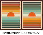 1970s Style Poster Set. Abstract Geometric Landscapes with Sunset, Sunrise and Waves in Orange and Blue Gtadient Colors. Retro Groovy Seventies Wall Decor. Vector Illustration. Flat Minimalist Design.