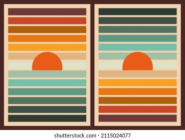 1970s Style Poster Set. Abstract Geometric Landscapes with Sunset, Sunrise and Waves in Orange and Blue Gtadient Colors. Retro Groovy Seventies Wall Decor. Vector Illustration. Flat Minimalist Design.