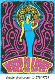 1970s Style Psychedelic Art Woman with Heart, Love Propaganda Poster