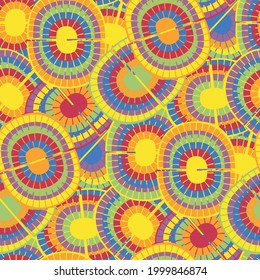 Regenbogen im Stil der 1970er Jahre, nahtloser Vektormuster-Hintergrund. Hintergrund mit ovalen Mosaikpaaren aus Regenbogen in psychedelischen Farben. Funky überlappende Textur wiederholen sich im Boho Hippie-Stil. Hipster-Druck