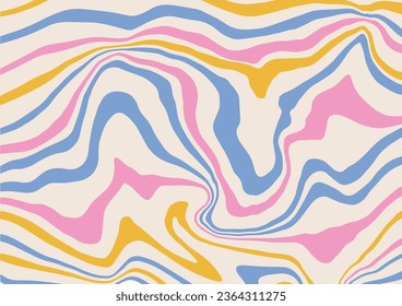 1970s Wavy Swirl stripes Pattern in Pink, blue, yellow and light beige Colors. Hand Drawn Vector Illustration. 70s Seventies Groovy Background, Wallpaper, Print. Flat Design in 60s Hippie Aesthetic.