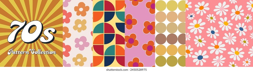 1970s-Inspired Collection: Seamless Retro Patterns for Fashion and Textiles, Featuring Vintage Boogie-Era Graphics and Contemporary Blossom Designs