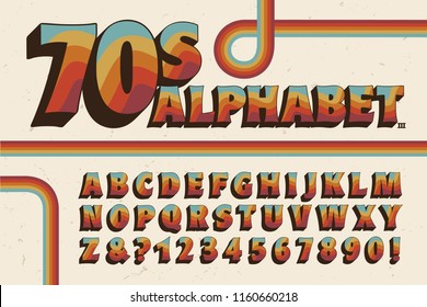 A 1970s-style alphabet with rainbow stripe embellishments