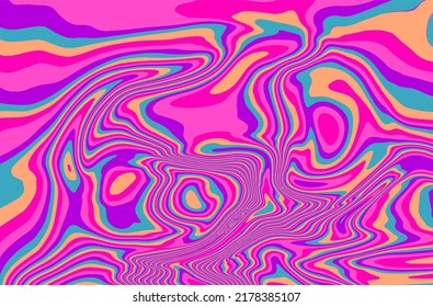 The 1970s-style wavy retro background in a psychedelic bright acidic colors.