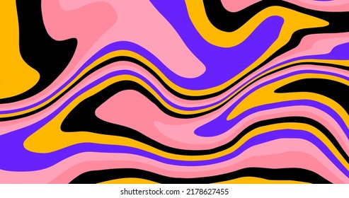 The 1970s-style wavy retro background in a psychedelic bright acidic colors.