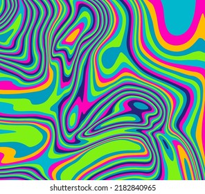 The 1970s-style wavy retro background in a psychedelic bright acidic colors.