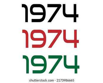 1974 año. Año de conmemoración en negro, rojo y verde. Vetor con fondo blanco.