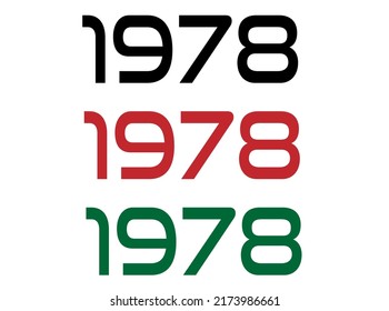 1978 year. Year set for comemoration in black, red and green. Vetor with background white.