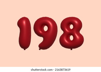 198 3d number balloon made of realistic metallic air balloon 3d rendering. 3D Red helium balloons for sale decoration Party Birthday, Celebrate anniversary, Wedding Holiday. Vector illustration