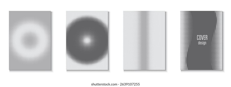 1980 Cover Set. Business Grey And White  Flyer. Line Poster. Modern Tech With Simple Shapes. Linear Frame With Geometric Design. Greyscale Halftone Pattern. Black 1980 Cover