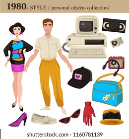 1980 fashion style man and woman personal objects