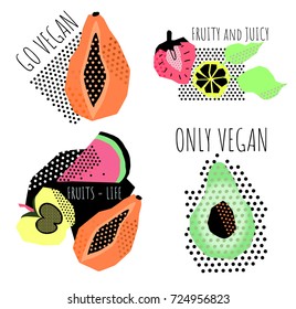 1980 style fruity and vegan logo design set