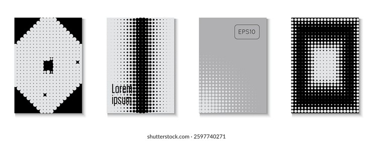 1980 Texture Set. Greyscale Dots Cover. Halftone Black And Grey  Flyer. Music Template. Modern Shapes In Tech Layout. Linear Shapes In Annual Frame. White 1980 Texture