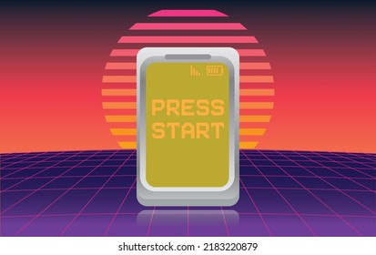 1980-1990's Mobile Retro Videogame Console Screen Arcade. Colorful Pixel Arcade Design Concept In Retro Style. Text Press Start. Vector Illustration.