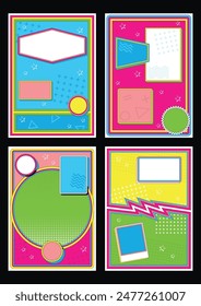 1980s - 1990s Background Set, Vintage Style Poster Templates, Colorful Frames, Geometric Shapes, 80s - 90s Colors. Vector Templates for Vintage Party Posters, Invitations, Illustrations