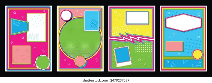 1980s - 1990s Background Set, Vintage Style Poster Templates, Colorful Frames, Geometric Shapes, 80s - 90s Colors. Vector Templates for Vintage Party Posters, Invitations, Illustrations