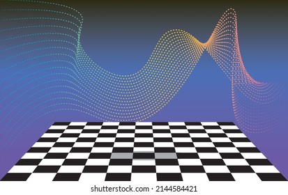 1980's, 1990's vaporwave style graphics product display stand with black and white perspective checkerboard and abstract neon stripes against the blue background, vector.