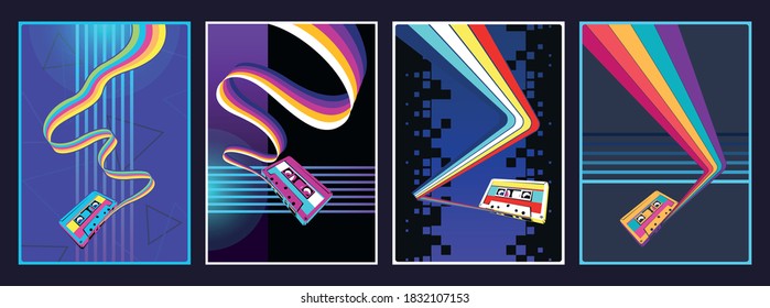 1980s Abstract Background Set and Audio Cassettes, Colorful Tapes