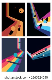 1980s Abstract Background Set, Vintage Colors, Perspective Lines and Geometric Shapes