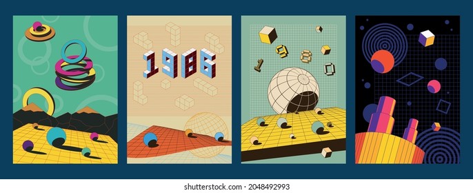 1980s Abstract Backgrounds, Geometric Shapes, Perspective Grid, Vintage Colors