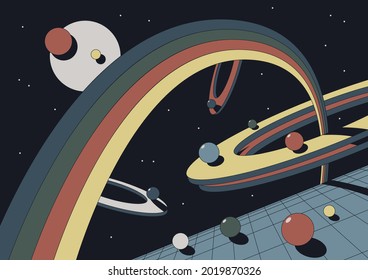 1980s Abstract Space Illustration, Vintage Colors and Geometric Shapes