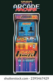 1980s Arcade Machine, Vintage Electronic Game Pixel Fighting Tournament Vector Template 