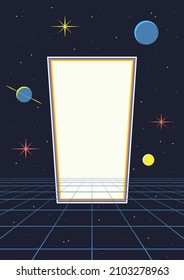 1980s Background, Abstract Space Illustration, Geometric Shapes, Perspective Grid and Planets