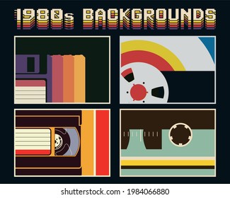 1980s Background, Floppy Disc, Bobbin, Video Cassette and Audio Tape