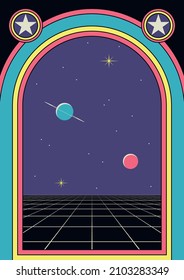 1980s Background, Frame, Vintage Colors, Perspective Grid, Geometric Shapes and Planets