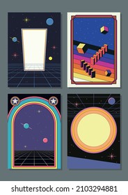 Conjunto de fondo de los años 1980, ilustraciones de espacio abstracto, colores de época, formas geométricas, cuadrículas de perspectiva, líneas de color y planetas