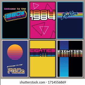Hintergrundset der 80er Jahre, Poster, Titelvorlagen, Vintage-Farben und -Formen, Neon-Glow-Elemente