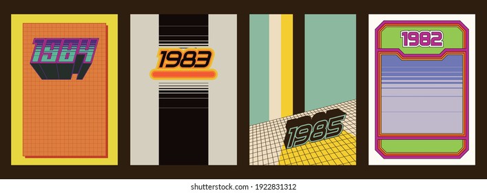 1980s Background Set, Vintage Color Lines, Perspective Grid, Geometric Shapes