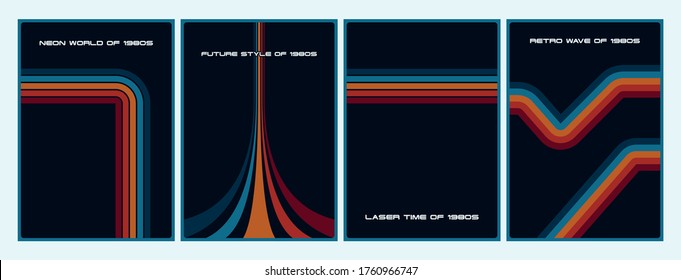 1980s Color Lines Background Set, Cover, Poster Templates, Wavy, Perspective Stripes, Vintage Colors