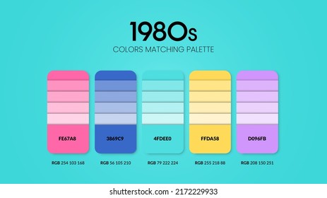 Los años 80 diseñan ideas de colores. Combinaciones de tendencias de color y guía de paletas. Ejemplo de sombras de color de tabla en RGB y HEX.Color para moda, hogar, diseño de interiores o cataloque.Vector de gráfico de color.