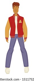 1980s fashion style, guy in baseball team jacket, 80s casual style, isolated male character vector. Guy in vintage clothes, denim jeans and white sneakers. Clothing design and old-fashioned outfit