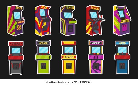 1980s game machines. Retro gamer screen. Abstract nineties logo. 1990s entertainment collection. Arcade electronic devices front and side view. Nostalgia leisure. Vector technology set