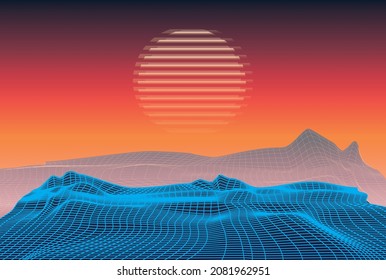 1980's Inspired Retrowave, Synthwave Background With Cyberpunk Polygonal Landscape And Sunset. Vector Illustration. 