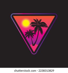 1980's inspired triangle patch design with palm trees and sunset, t-shirt print, sticker label, vector illustration