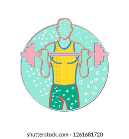 1980s Memphis style design illustration of an athlete or weightlifter lifting a barbell viewed from front set inside circle on isolated background.