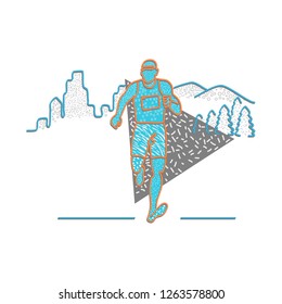 1980s Memphis style design illustration of a marathon runner running with buildings and mountains behind him on isolated background.