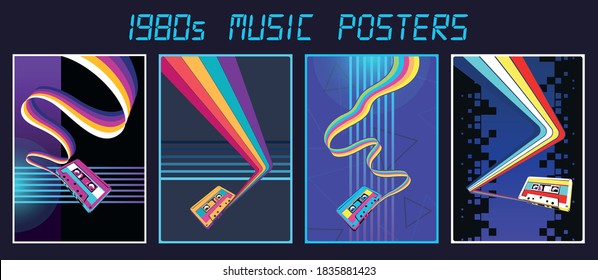 1980s Music Posters Stylization, Audio Cassettes With Color Tapes Neon Light Backgrounds