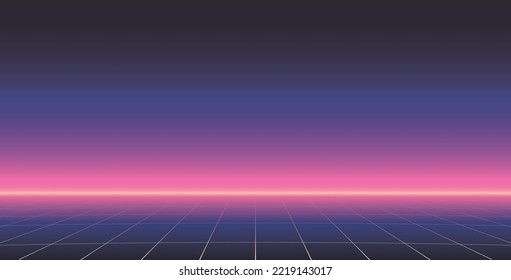 Neon-Science-Fiction-Landschaft der 1980er Jahre. Retrowave, synthwave, Vektorhintergrund. Cyberpunk-Perspektivraster.