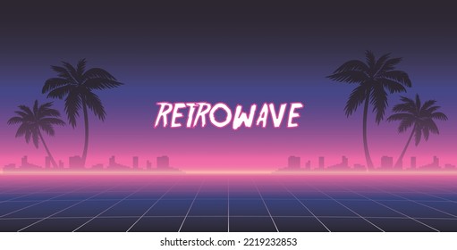 Neon-Science-Fiction-Landschaft der 1980er Jahre. Retrowave, synthwave, Vektorhintergrund. Cyberpunk-Perspektivraster.