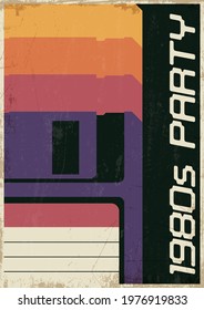 1980s Party Poster, Invitation Template, Floppy Disc, Vintage Colors and Grunge Texture Pattern