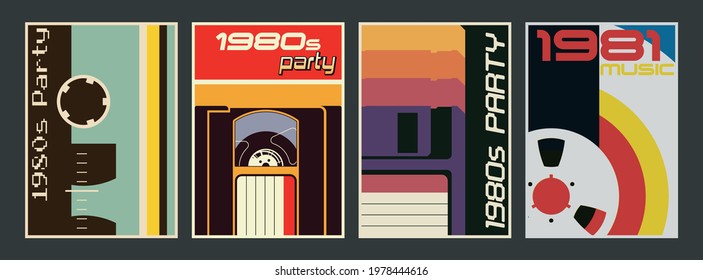 1980s Party Posters, Invitations Template Set, Retro Technologies, Vintage Colors