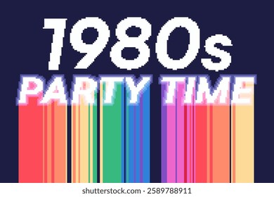 1980s Party Time Banner with Rainbow Trails, Pixel Art Style Illustration