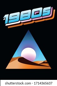 Cartel de los años 80, plantilla de portada, triángulo, desierto, brillo de degradado neón, estilo vintage